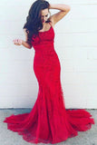 Mermaid Lace Appliques Red Spaghetti Straps Evening Dress Long Prom Dress