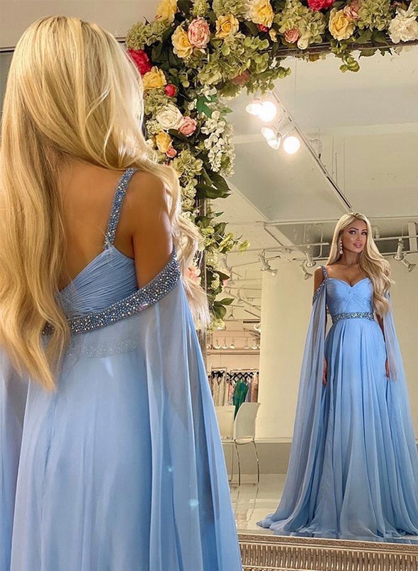 Sky Blue A-Line Beading Evening Dresses Chiffon Long Prom Dresses