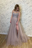 A-Line Stylish Tulle Spaghetti Straps Evening Dress Beads Long Prom Dress With Slit
