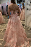 Pink A Line Tulle Lace Appliques Long Prom Dress Formal Evening Dress OK1329