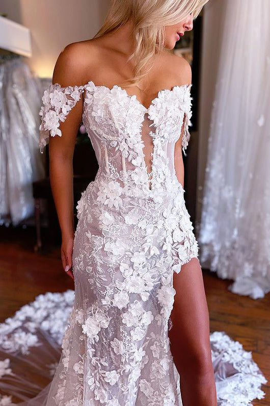 Mermaid V Neck Cap Sleeves Lace Flower Appliques Wedding Dresses N038