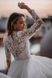 Ball Gown High Neck Long Sleeves Tulle Wedding Dresses with Lace N135