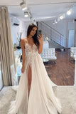 Gorgeous A Line V Neck Sparkly Tulle Wedding Dresses with Appliques N134