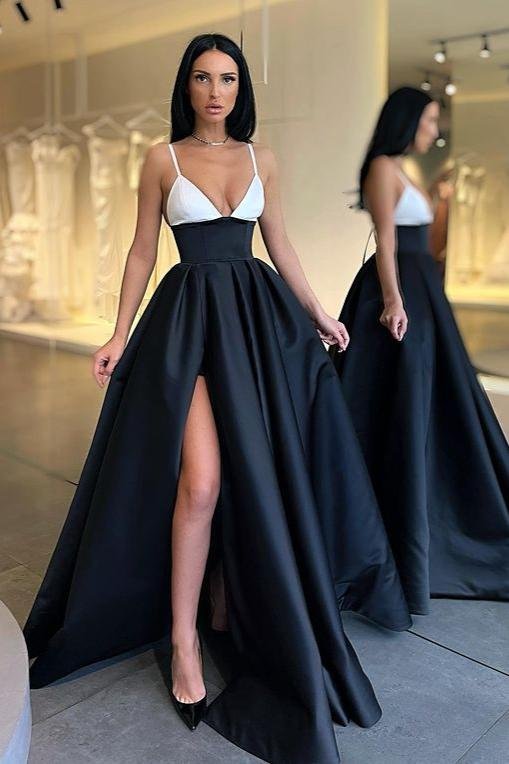 A Line Satin Black and White Spaghetti Straps Prom Dress PD0116