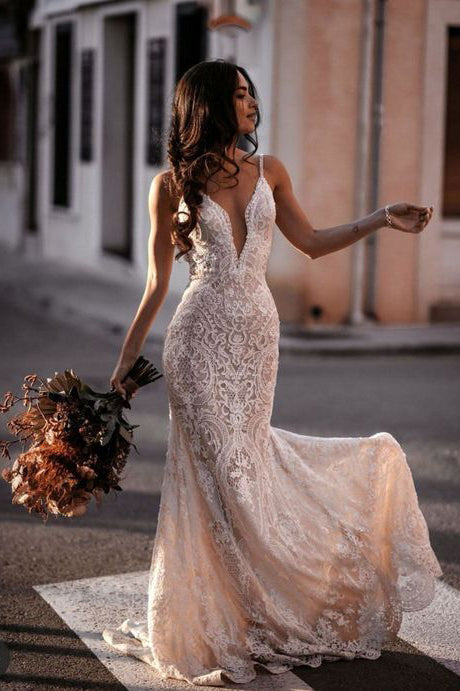 Gorgeous Mermaid Deep V Neck Lace Wedding Dress N037