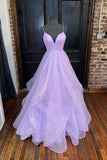 Lilac Spaghetti Straps Shiny A Line Formal Evening Dress Long Prom Dress