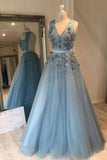 Blue Tulle Flowers Beadied Evening Dress A-Line V-Neck Long Prom Dress