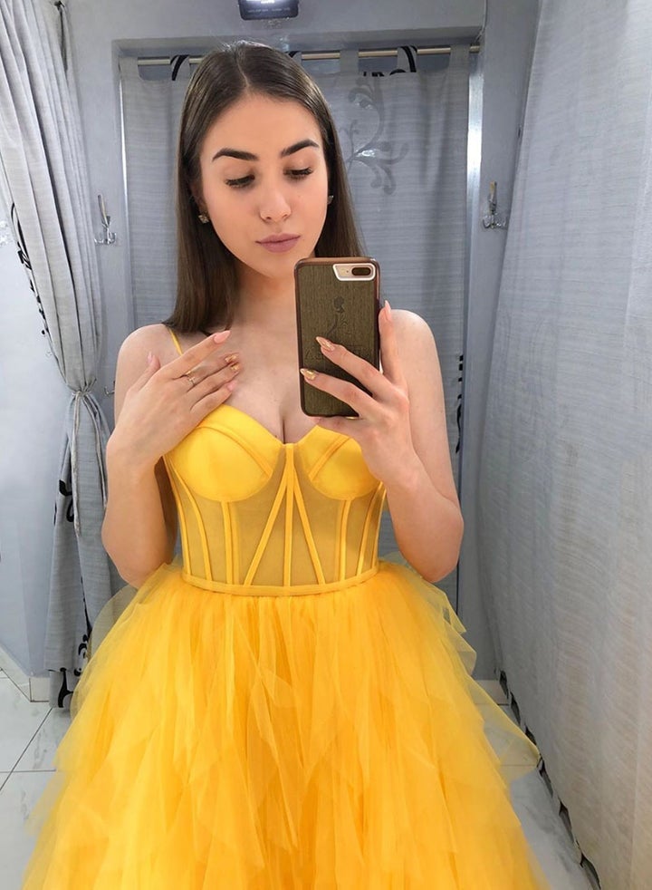 Tulle Spaghetti Straps Yellow Ruffles Evening Dress A-Line Long Prom Dress