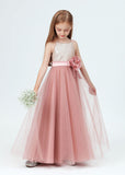 Spaghetti Strap Sequined Tulle Flower Girl Dresses With Flower Bow