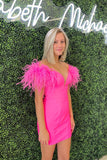 Off the Shoulder Hot Pink Short Homecoming Dresses with Feather AB082802