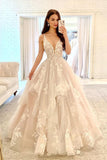 Charming Ball Gown V Neck Tulle Wedding Dresses with Appliques N106