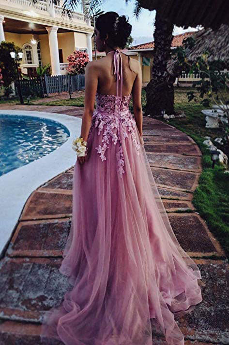 A-Line Halter Tulle Appliques Prom Dresses with Rhinestones N1464