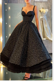 A Line Black Ankle Length Evening Dresses Ruffles Prom Dress