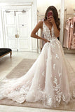 Elegant A Line V Neck Tulle Wedding Dresses with Appliques N097