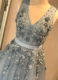 Blue Tulle Flowers Beadied Evening Dress A-Line V-Neck Long Prom Dress