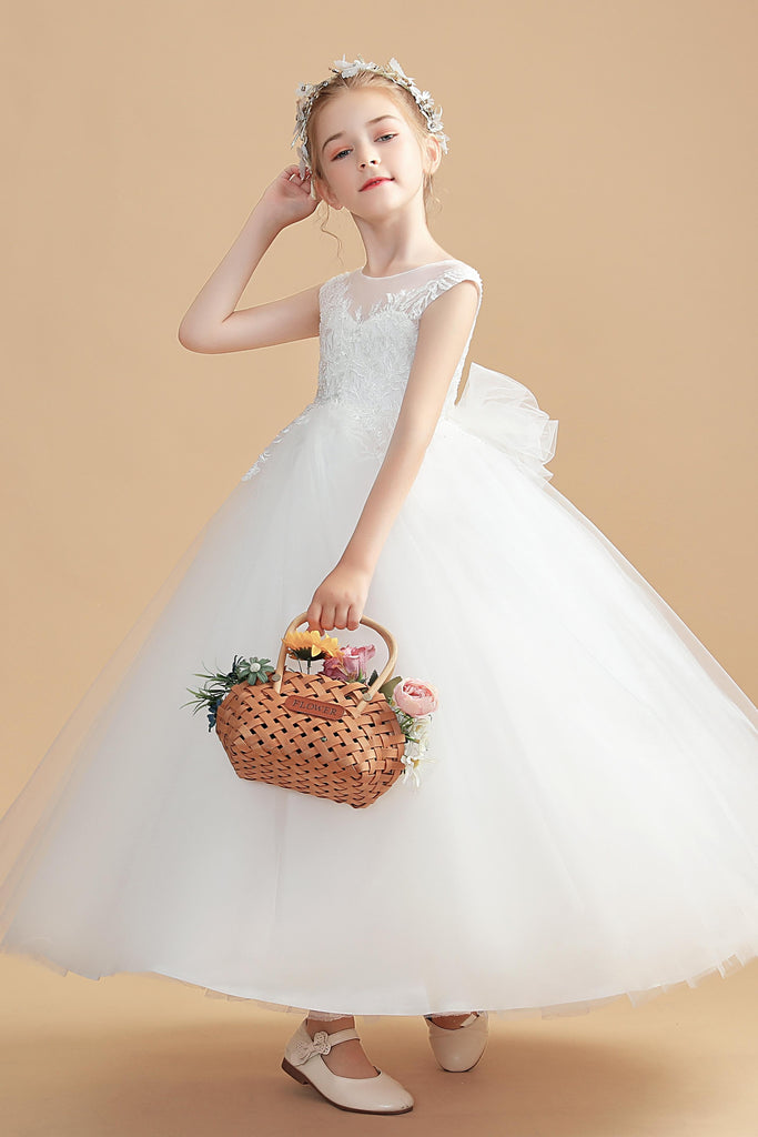 Round Neck Tulle Sleeveless Ivory Flower Girl Dresses With Bowknot