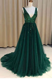 Luxurious V-Neck Dark Green Tulle Long Prom Dresses with Side Slit