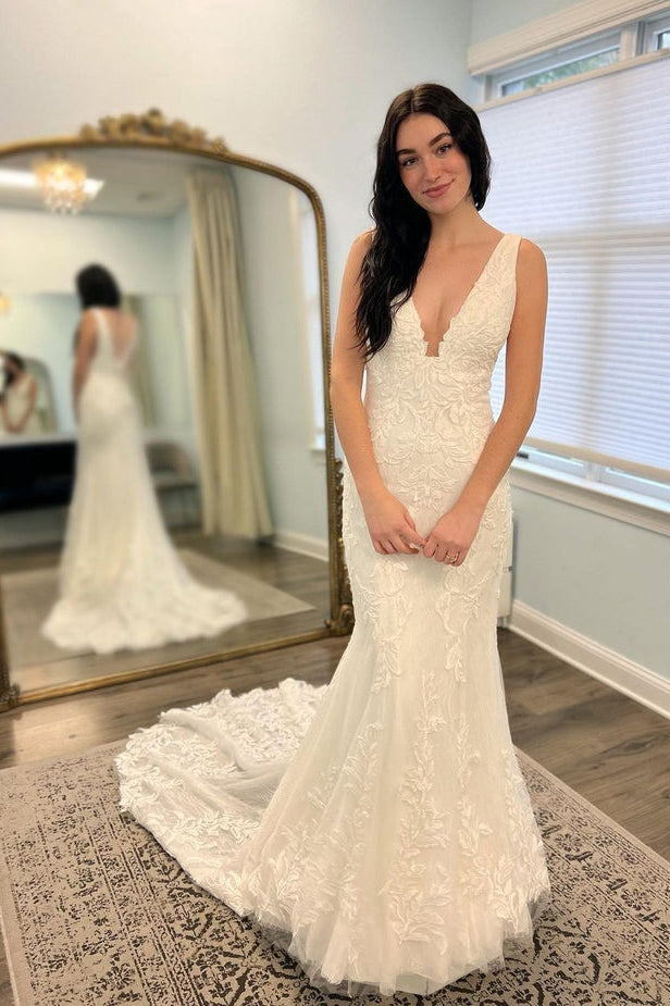 V Neck Lace Mermaid Wedding Dresses N044