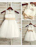 A Line Cute Ivory Lace Top Tulle Sleeveless Flower Girl Dress with Bowknot