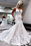 Mermaid V Neck Lace Wedding Dresses with Appliques N111