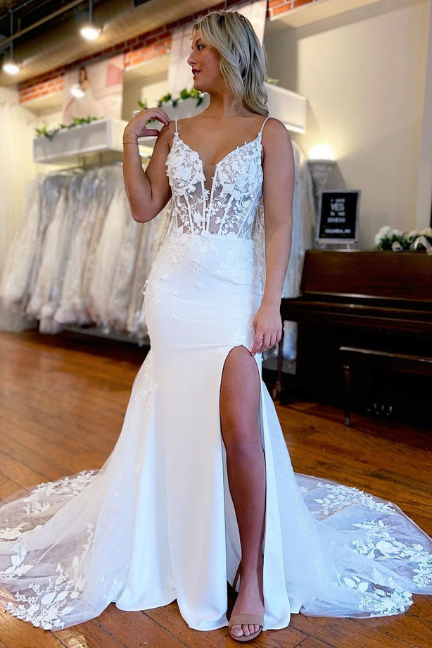 Elegant Mermaid Open Back Lace Wedding Dresses with Split N023