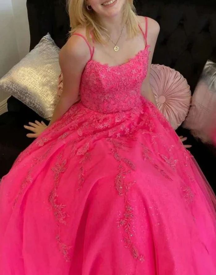 Hot Pink A Line Lace Appliques Spaghetti Straps Prom Dress