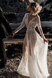 Sparkly See Through V Neck Long Sleeves Sequins Wedding Dresses N139