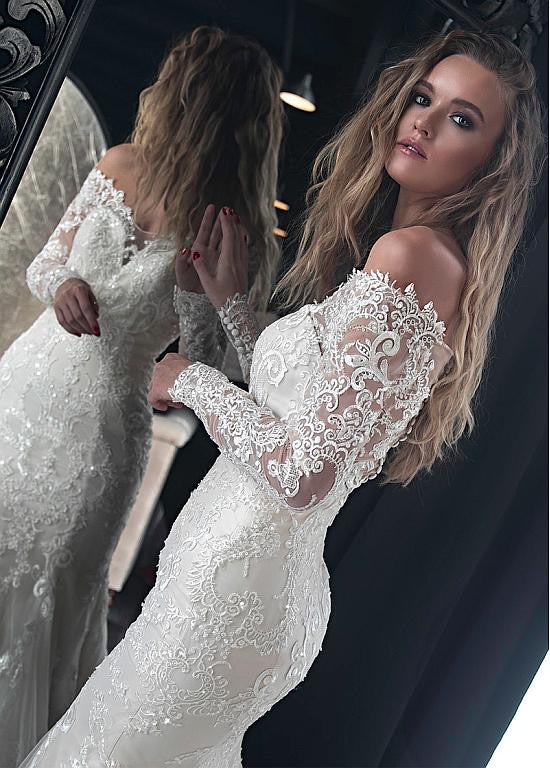 Gorgeous Off The Shoulder Long Sleeve Lace Mermaid Wedding Dresses