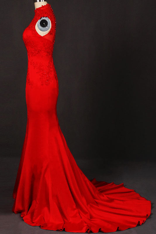 Red Sleeveless High Neck Sleeveless Satin Evening Dresses Appliques Prom Dresses N2332