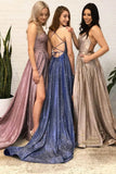 A-Line Sparkle Split Backless Evening Dress Long Prom Dress With Pocket