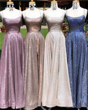 A-Line Sparkle Split Backless Evening Dress Long Prom Dress With Pocket