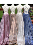 A-Line Sparkle Split Backless Evening Dress Long Prom Dress With Pocket