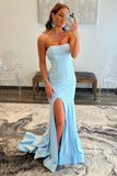 Light Blue Strapless Sequins Mermaid Evening Gown With Split Long Prom Dresses PD0115