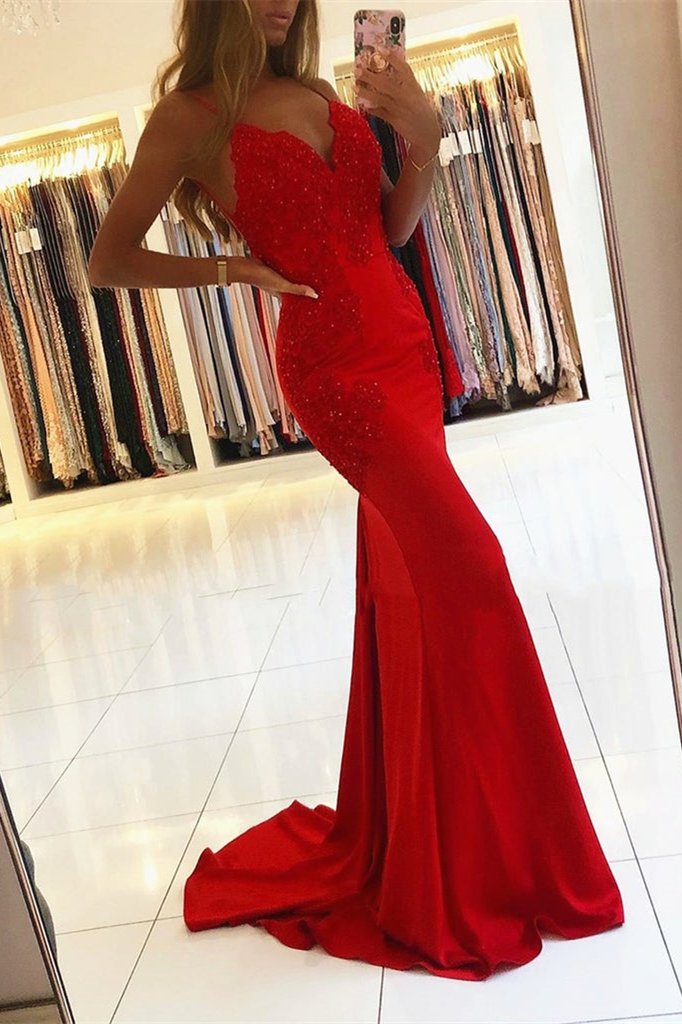 Mermaid Party Dresses Red Spaghetti Straps Long Prom Dresses With Appliques PD0419