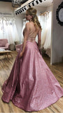 Spaghetti Straps A Line Scoop Sparkle Long Pink Prom Dress with Pockets