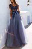 Long Sleeve Open Back Floor Length Flowy Tulle Prom Dresses