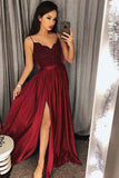 Spaghetti Straps Lace Prom Dress With High Split Evening Gowns N757