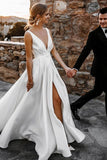 A Line V-neck Satin Wedding Dresses with Slit N078