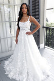 Charming A Line Square Neck Tulle Long Wedding Dresses with Lace N102