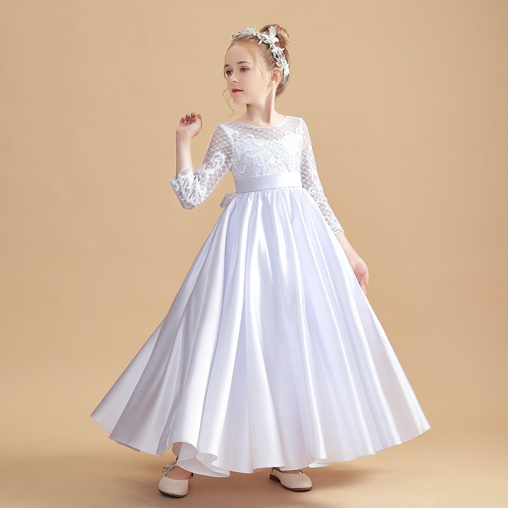 Round Neck Satin Long Sleeves Flower Girl Dresses With Bowknot