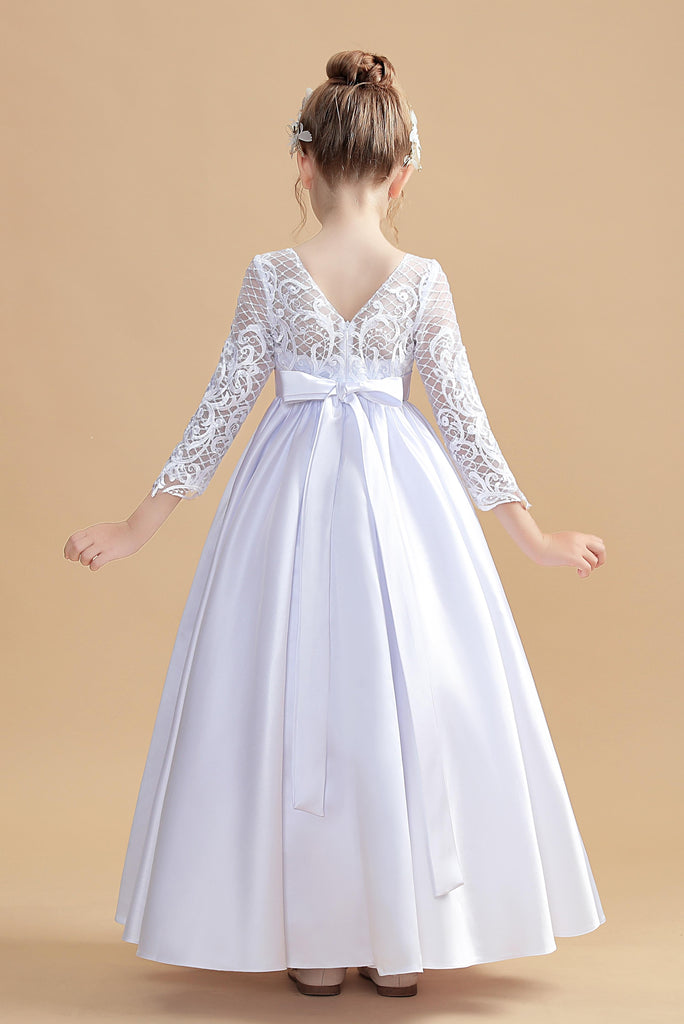 Round Neck Satin Long Sleeves Flower Girl Dresses With Bowknot