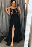 A-Line Spaghetti Straps Floor-Length Black Prom Dresses with Lace Split N1486