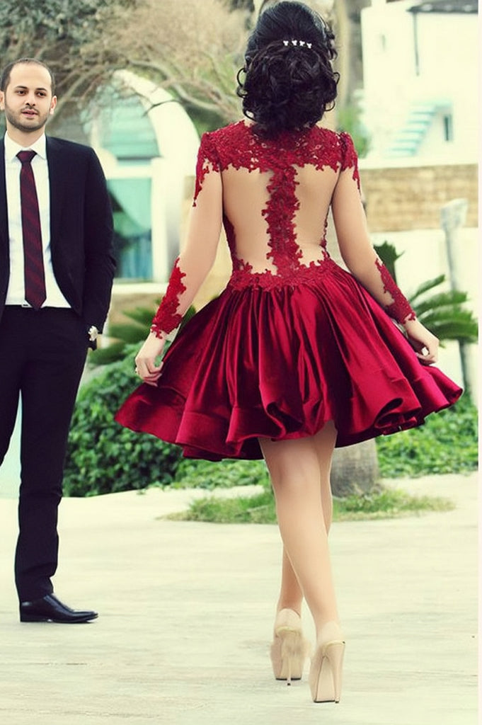 Long Sleeve Satin Homecoming Dress,Knee Length Appliqued Prom Gowns ...