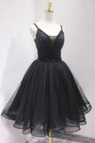 A Line Straps Beaded Tulle Black Puffy Homecoming Dresses