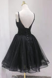 A Line Straps Beaded Tulle Black Puffy Homecoming Dresses