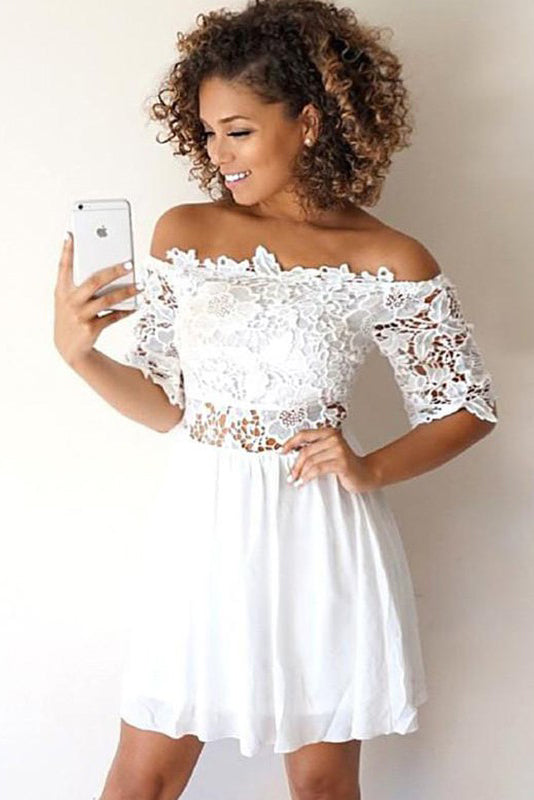 White A-Line Chiffon With Lace Applique Off-the-Shoulder Short Homecoming Dresses N1888
