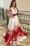A Line Deep V-Neck Floral Satin Prom Dress with Beading Sweep Train Evening Dress N1234