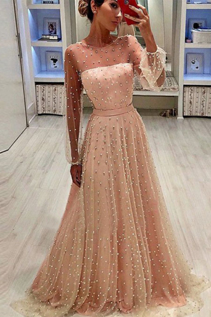A-Line Jewel Long Sleeves Pearl Pink Long Prom Dress with Pearls, Unique Formal Dress N1744