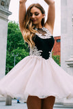 A-Line Jewel Pearl Pink Chiffon Homecoming Dress with Lace, Mini Sweet 16 Dresses