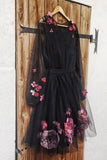 A Line Black Cute Tulle Long Sleeves Homecoming Dresses with Flowers N1858